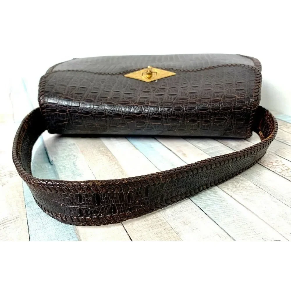 TRUE VINTAGE CROCO BROWN GENUINE LEATHER FLAP TURN LOCK HANDBAG PURSE POCKETBOOK